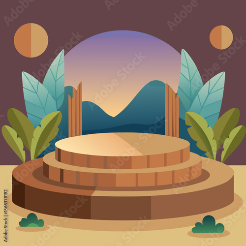 Circular tiered stage with tropical plants and sunset mountain backdrop