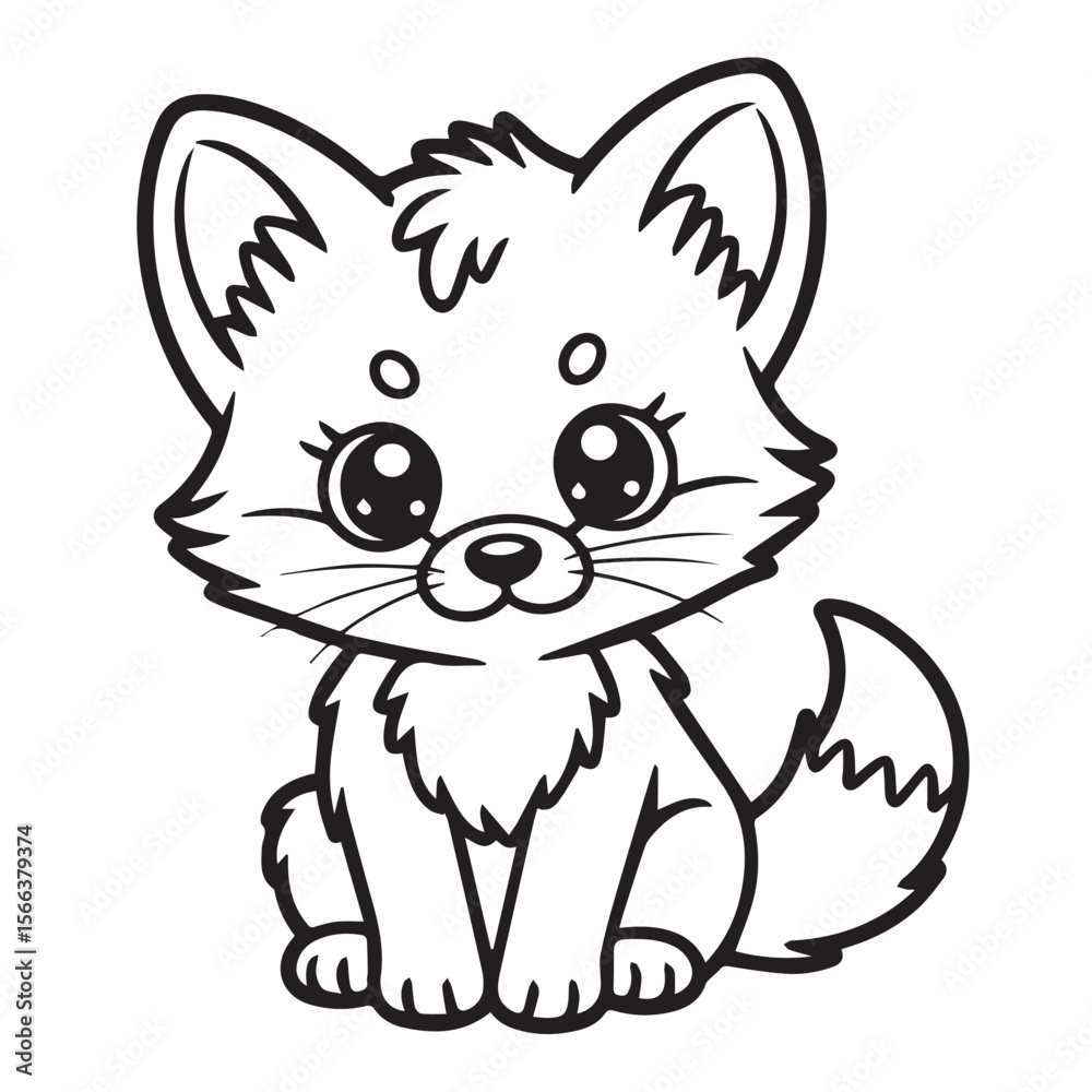 Cute cartoon black and white outline of a fluffy fox sitting with big eyes and a bushy tail isolated on a white background Cute cartoon black and white outline of a fluffy fox sitting with big eyes and a bushy tail isolated on a white background