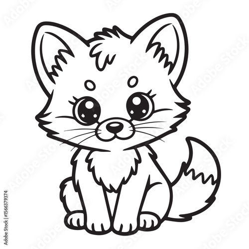 Cute cartoon black and white outline of a fluffy fox sitting with big eyes and a bushy tail isolated on a white background