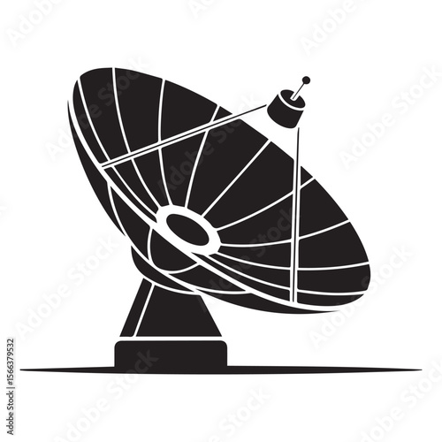 A stylized black silhouette of a large satellite dish antenna with a central receiver and a supporting base on a white background