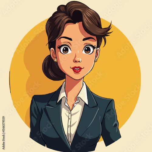 Elegant businesswoman in sharp suit with neat bun, radiating corporate leadership, professional success, and business acumen, set against a warm yellow circular background, symbolizing ambition 