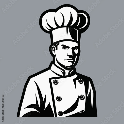Intense chef in white uniform and tall hat, displaying culinary expertise, kitchen mastery, and gastronomic passion, set against a neutral gray backdrop, radiating professionalism and culinary art.