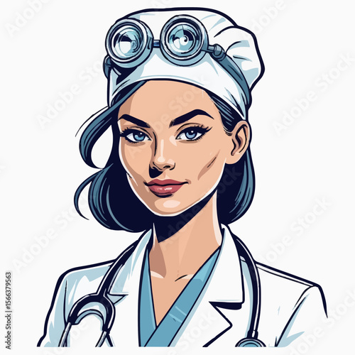 Confident female doctor in white coat and goggles, holding stethoscope, showcasing medical expertise, healthcare dedication, and patient care, set against a clean gray background, embodying profession