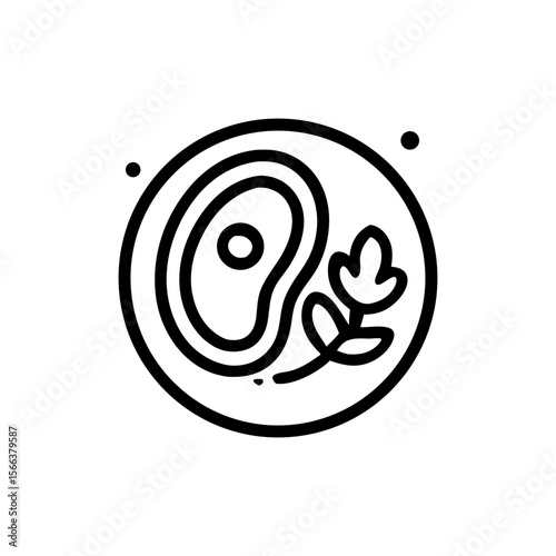 Line art illustration of a steak on a plate with a garnish, presented in a simple, minimalist style.