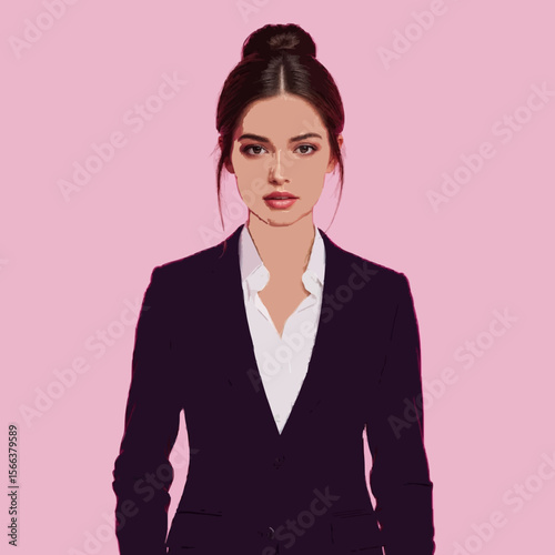Elegant businesswoman in sharp suit with neat bun, radiating corporate leadership, professional success, and business acumen, set against a warm yellow circular background, symbolizing ambition 