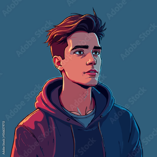 Stylish young man in red and blue hoodie, exuding casual coolness and urban fashion, with tousled hair, set against a sleek blue background, embodying youth culture and modern street style.