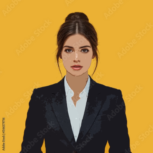 Elegant businesswoman in sharp suit, with sleek bun, radiating corporate leadership, professional success, and business acumen, set against a striking yellow background.