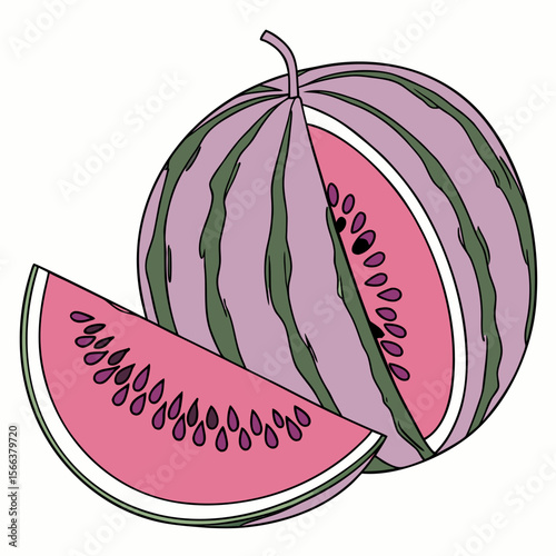Fresh, juicy red watermelon slices and a whole ripe green melon, isolated on white, sweet and healthy