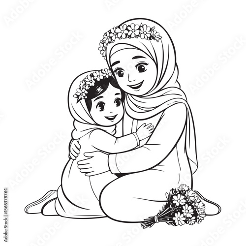 A loving muslim mother and daughter embrace warmly both wearing floral crowns and holding a bouquet of flowers representing family affection and joy