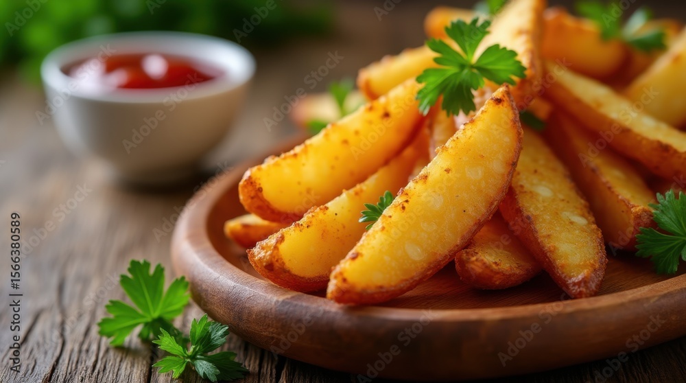 Close-up of golden-brown potato wedges on a wooden platter Close-up of golden-brown potato wedges on a wooden platter