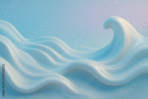 Soft 3D milk-like fluid forming elegant waves and curves, pearlescent white with subtle blue undertones, ethereal and dreamy, smooth texture, floating in a gradient pastel space, digital art