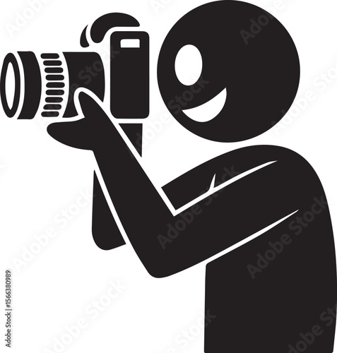 Stick man photographer taking a picture isolated on white background