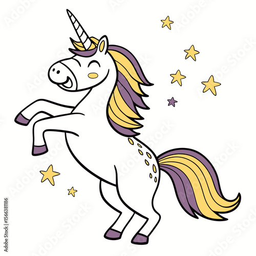 Joyful cartoon unicorn rearing up with a flowing mane and tail surrounded by sparkling stars and magical elements