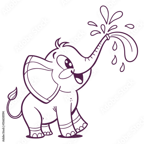 Cute cartoon baby elephant spraying water from its trunk with a happy expression and playful water splashes