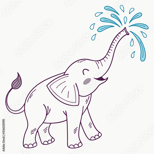 Adorable cartoon baby elephant happily spraying water from its trunk with a playful expression and closed eyes