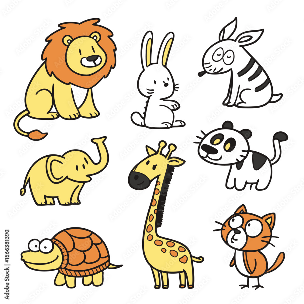 Obraz premium Collection of cute cartoon animals including a lion elephant giraffe rabbit panda turtle and cat