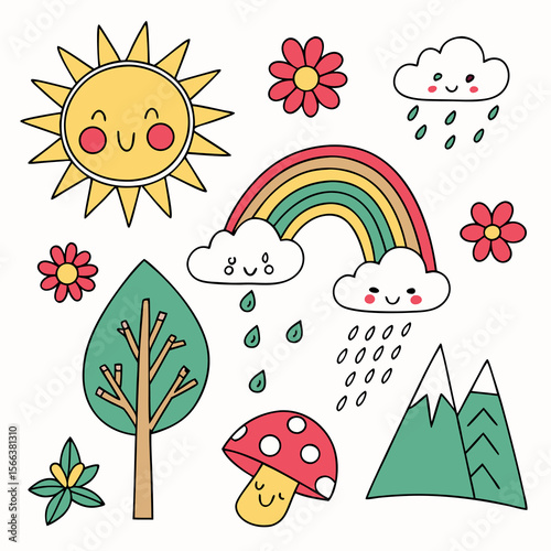 Cute cartoon weather elements including a smiling sun rainbow rain clouds flowers tree mushroom and mountains