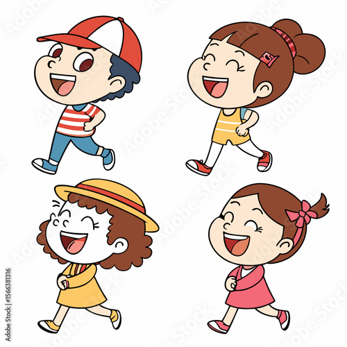 Four happy cartoon children of diverse genders and styles joyfully running together in a playful group