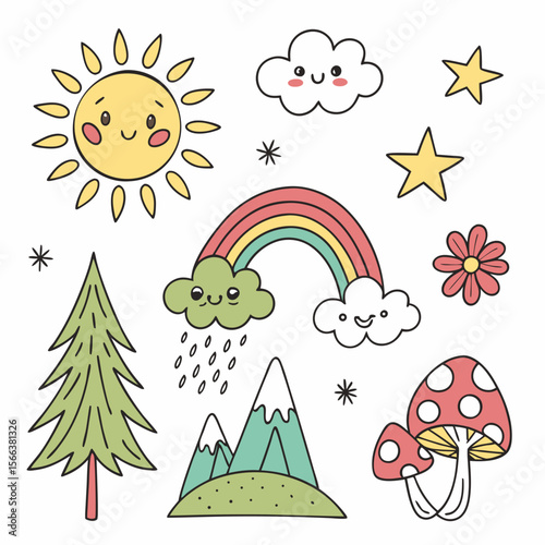 Charming kawaii style nature elements featuring a smiling sun rainbow clouds stars mountains tree flower and mushrooms
