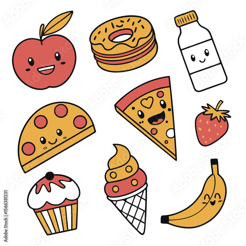 Collection of cute kawaii food illustrations including an apple donut pizza strawberry cupcake ice cream banana and milk bottle