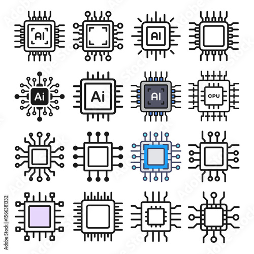 Computer cpu icon set. AI cpu set. Electronic cpu with AI. Artificial intelligence icon. Vector