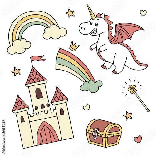 Charming cartoon collection with a friendly unicorn castle treasure chest rainbows magic wand and stars