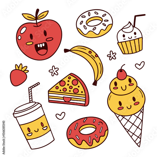 Collection of cute and colorful kawaii food items including an apple donuts banana strawberry pizza slice cupcake ice cream and drink
