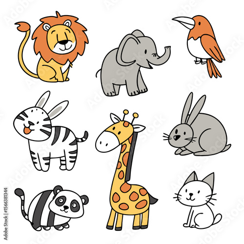 Collection of cute cartoon safari animals including lion elephant giraffe panda rabbit bird and cat
