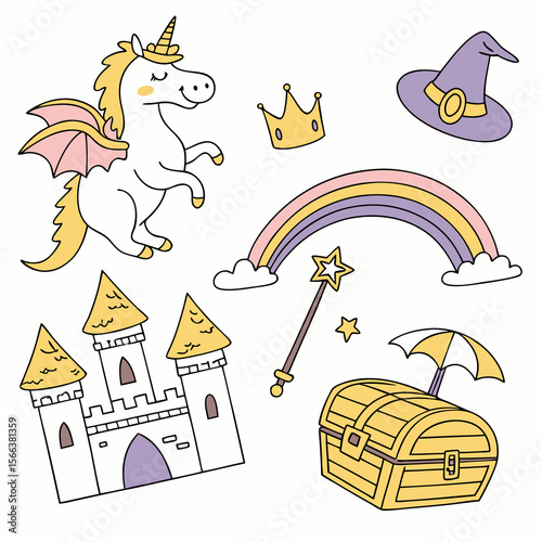 Whimsical collection of fantasy elements including a winged unicorn castle rainbow magic wand treasure chest crown and witch hat