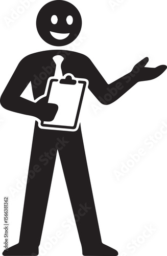 A stick figure presents with a clipboard isolated on white background