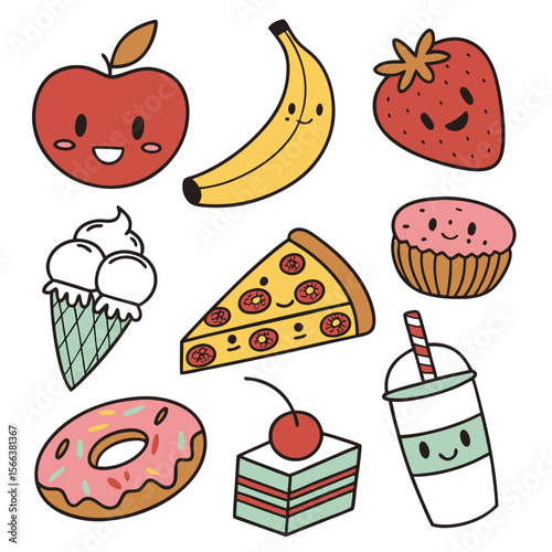 Collection of cute and colorful cartoon food items including fruits pizza ice cream cupcake donut cake and drink