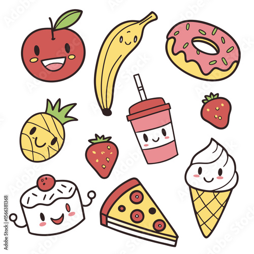 Collection of cute and happy cartoon food items including an apple banana pineapple strawberry donut drink cake and pizza