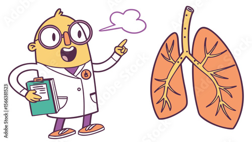 Cheerful Cartoon Doctor Explaining Human Lungs with Detailed Bronchial Tree