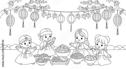 Cute korean children in traditional hanbok celebrating with food and lanterns isolated on transparent background