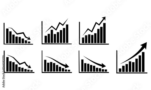 Business Graph Trends Set: Declining, Fluctuating, Upward, Smooth. Data Analysis, Finance, Stock Market Charts