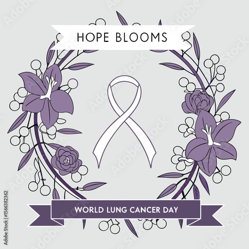 Floral wreath encircles a white ribbon, symbolizing hope and World Lung Cancer Day awareness.