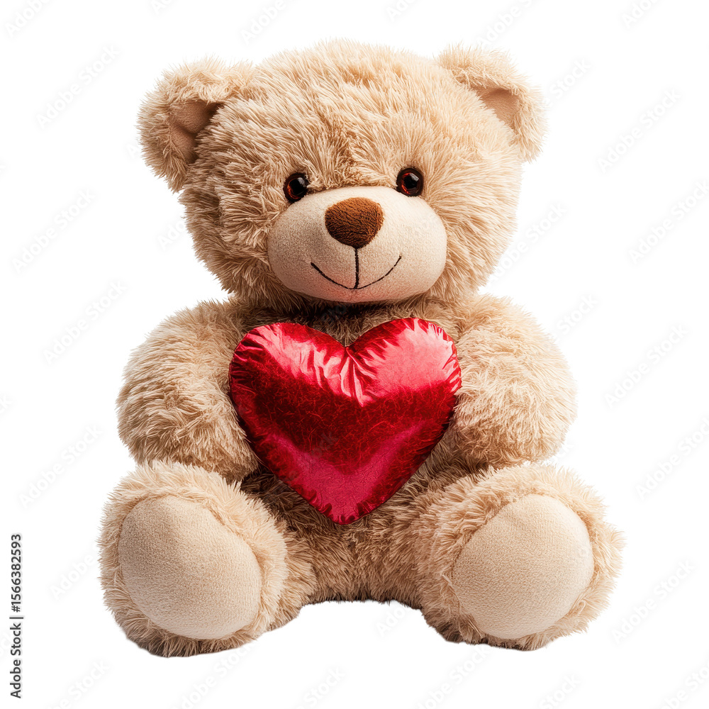 Obraz premium Cute teddy bear holding a red heart on a Transparent background brings joy and warmth to any occasion, cute teddy bear with a red heart isolated on White background