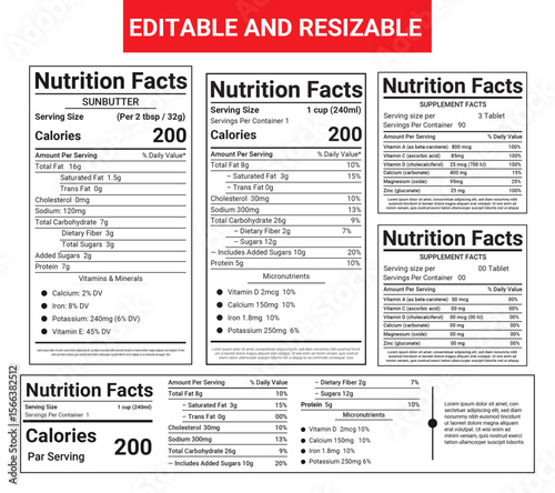 The template of Nutrition facts, supplement facts, nutrition label, nutrition list.
