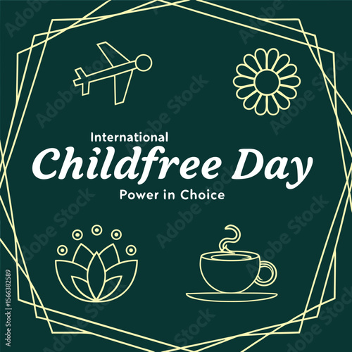 International Childfree Day celebration graphic featuring travel, flower, lotus, and coffee cup icons.