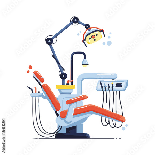 Dental Treatment Unit with Adjustable Light and Tools, Flat Technical Icon