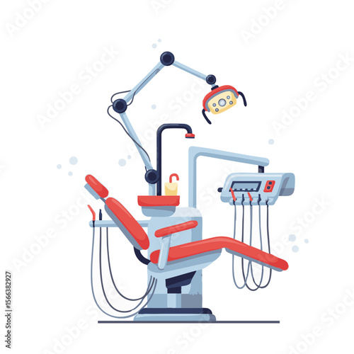 Dental Treatment Unit with Adjustable Light and Tools, Flat Technical Icon