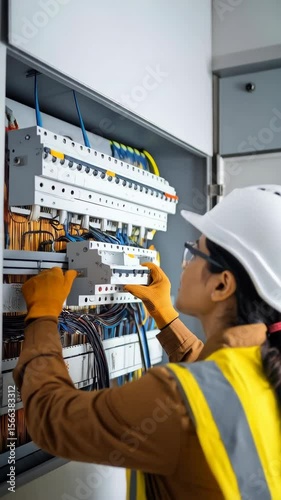 Female electrician inspecting electrical panel, wearing safety vest and hardhat, adjusting wires in distribution board, focused on safety and precision