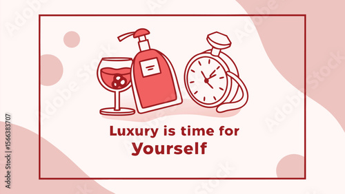 Illustration showcasing luxury with a wine glass, lotion bottle, and stopwatch.