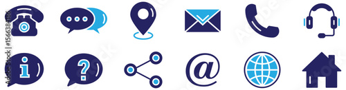 Modern Contact and Communication Icons Set in Dark and Light Blue – Vector Pack for Web and App Design

