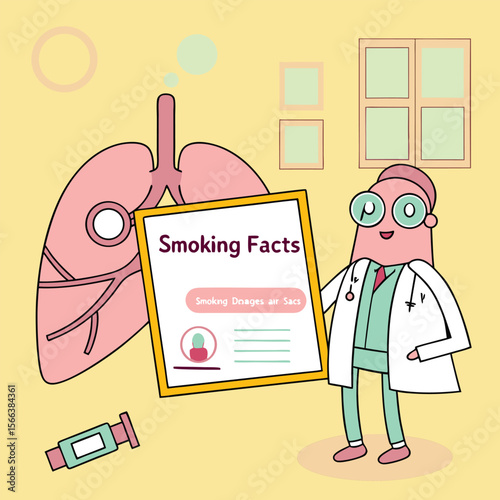 Cartoon Doctor Holding Smoking Facts Sign with Lungs and Syringe Illustration