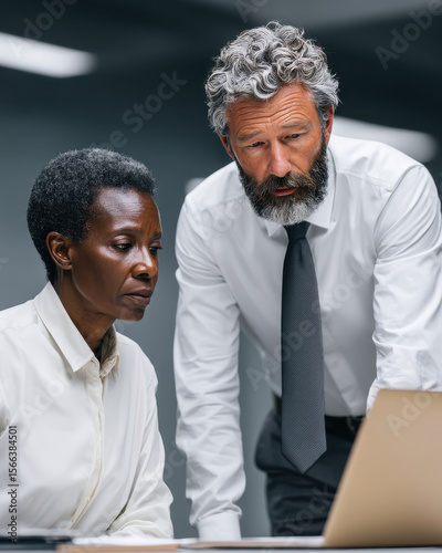Mature mentor and young woman working together on laptop in office with serious focus