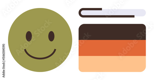 happy green face next to tricolor wallet with inserted card highlights money, payment, savings, success, happiness, rewards, positivity. Ideal for finance, budgeting digital wallet e-commerce
