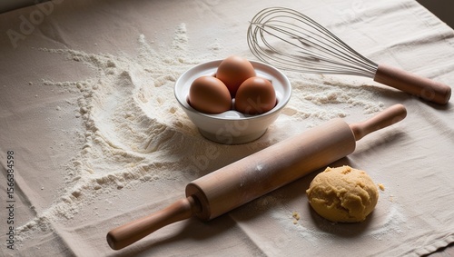 Close-up of fresh baking ingredients like flour, eggs, and nuts on a wooden surface for healthy Christmas cookies