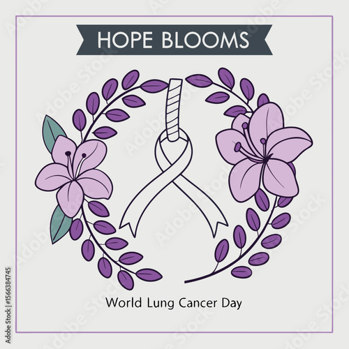Illustration for World Lung Cancer Day featuring a ribbon resembling lungs, surrounded by flowers and leaves.