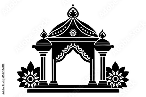 Traditional Indian Mandap Design with Decorative Pillars and Floral Accents